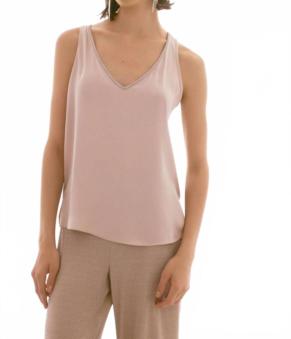 NEW JOSEPH RIBKOFF satin sleeveless top with rhinestone in sand